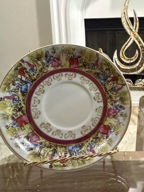 Multicolor Porcelain Dessert Plate with Gold Trim and Pink Band